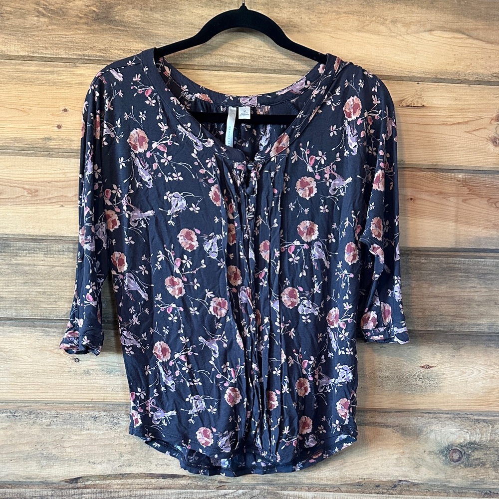 LC Lauren Conrad Floral Print Navy Blouse
